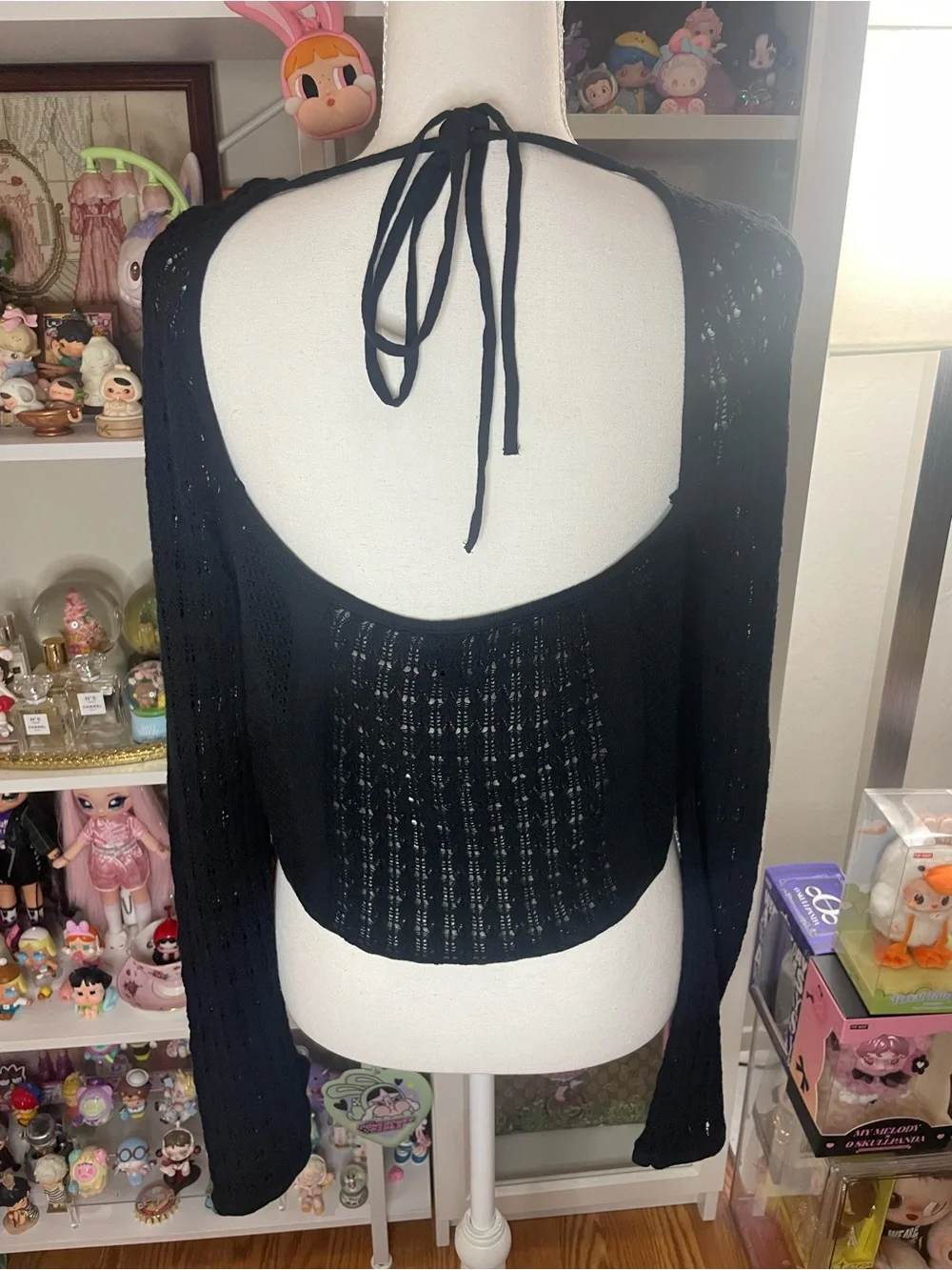 H&M Black Crochet Knit Tie-Back Long Sleeve Crop Top Size L